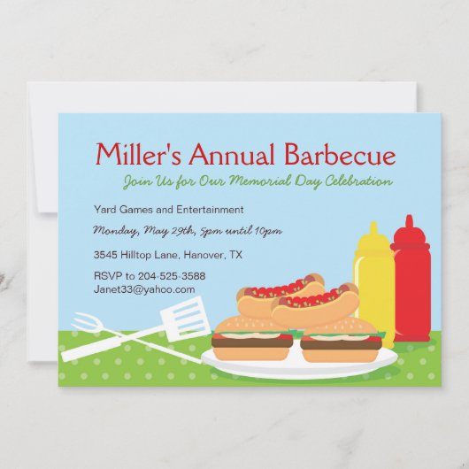 Invitations à la soirée barbecue Memorial Day (Devant)