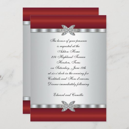 Invitations à la soirée Cocktail Argent & Rouge (Devant / Derrière)