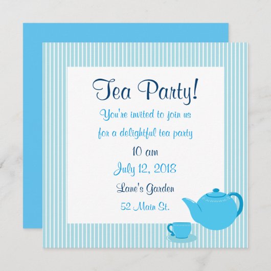 Invitations à la Tea Party Blue Teapot (Devant / Derrière)