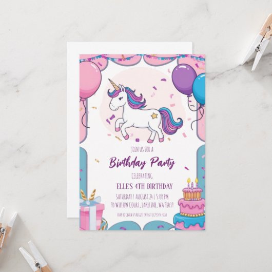 invitations à l'anniversaire de la licorne mignonn (Devant/Arrière en situation)