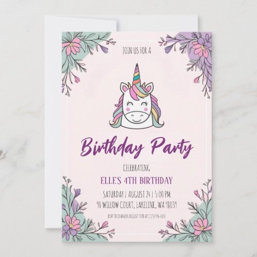 invitations à l'anniversaire de la licorne mignonn (Devant)
