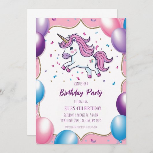 invitations à l'anniversaire de la licorne mignonn (Devant / Derrière)
