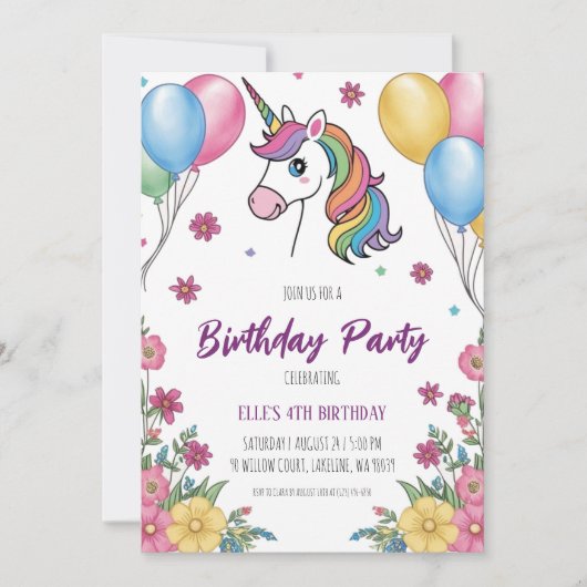 invitations à l'anniversaire de la licorne mignonn (Devant)