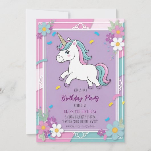 invitations à l'anniversaire de la licorne mignonn (Devant)