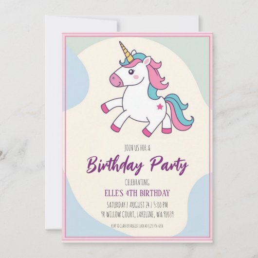 invitations à l'anniversaire de la licorne mignonn (Devant)