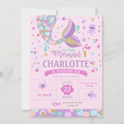Invitations à l'anniversaire de Mermaid Party rose (Devant)