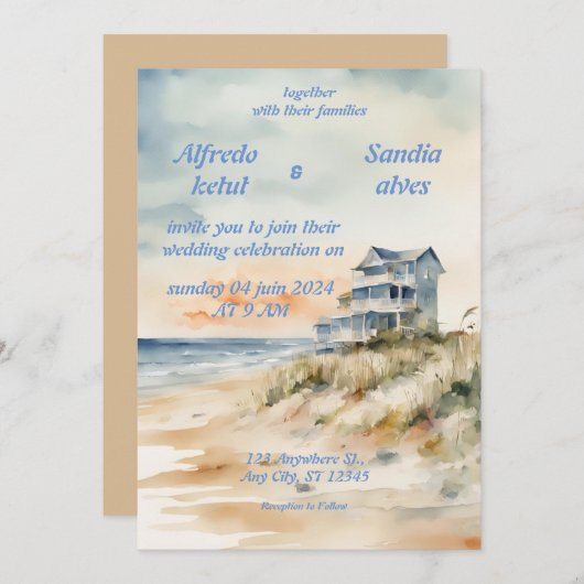 invitations à mariage d'été plage bleu océan (Devant / Derrière)