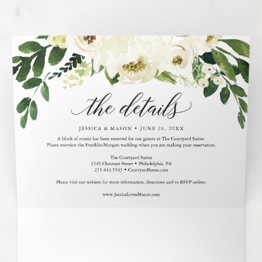 Invitations à trois volets de Roses blanches (Intérieur en premier)