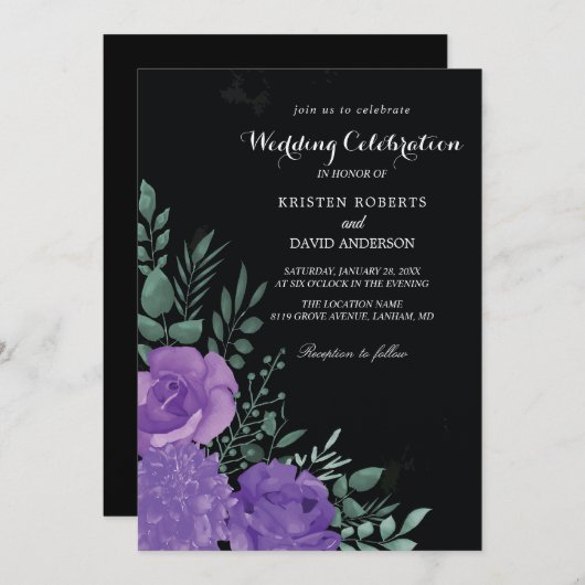 invitations à un mariage violet et noir (Devant / Derrière)