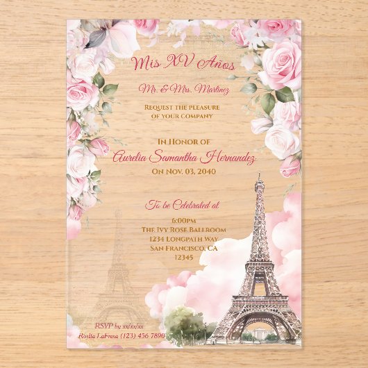 Invitations Acryliques Blush Pink Paris Quinceañer (Recto)