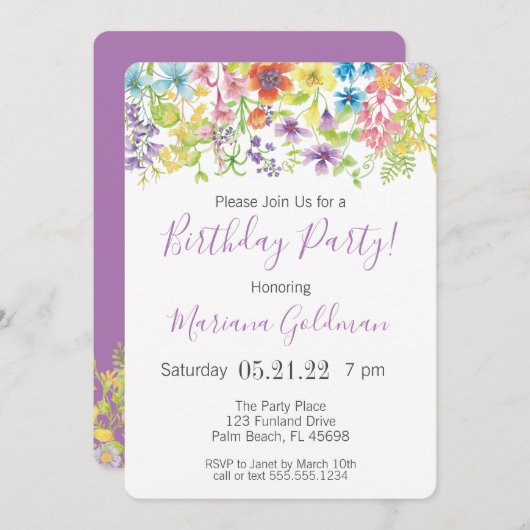 Invitations Anniversaire Purple Fleur sauvage Part (Devant / Derrière)