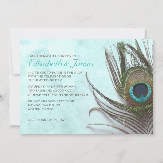 Invitations antiques de mariage de plume de paon (Devant)