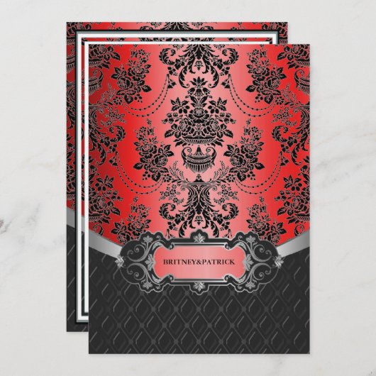 Invitations Apple Red & Black Mariage damassé (Devant / Derrière)
