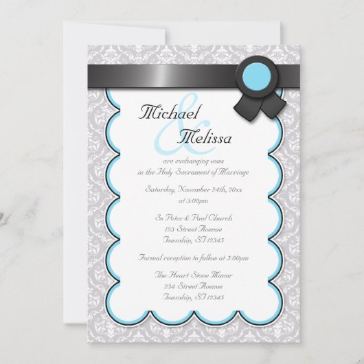 Invitations Aqua Blue & Grey Mariage damassé (Devant)