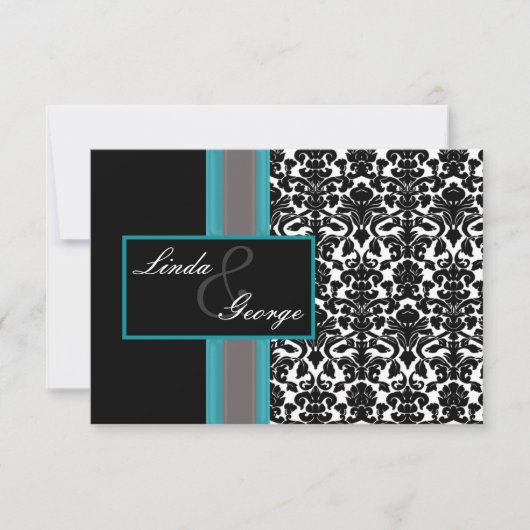 Invitations Aqua White Black Mariage damassé (Devant)