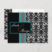 Invitations Aqua White Black Mariage damassé (Devant / Derrière)