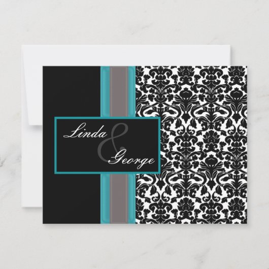 Invitations Aqua White Black Mariage damassé (Devant)