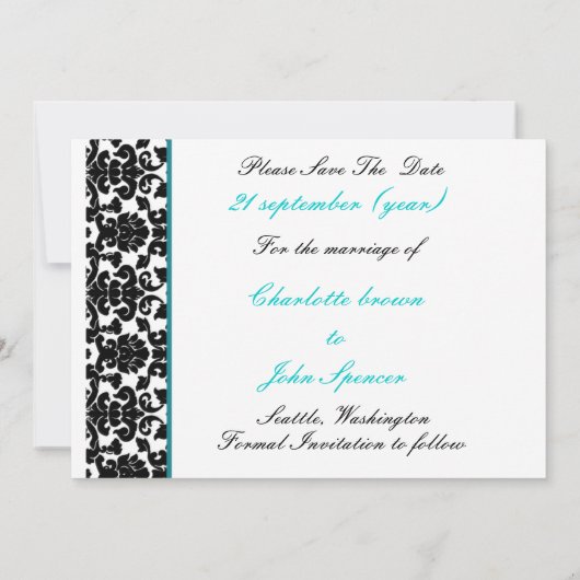 Invitations Aqua White Black Mariage damassé (Dos)