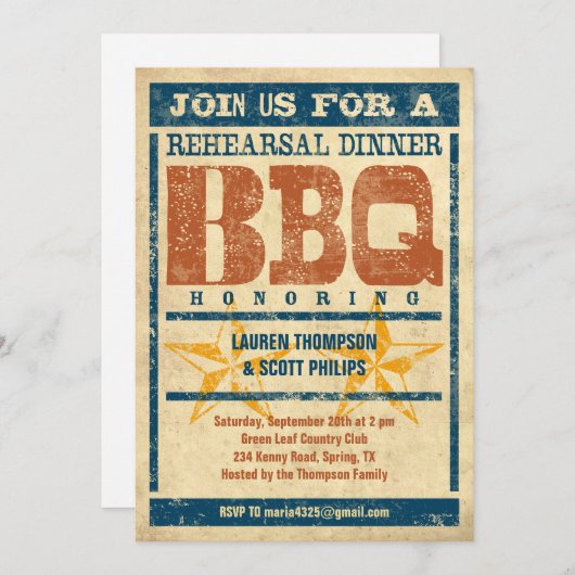 Invitations au barbecue du dîner de répétition (Devant / Derrière)