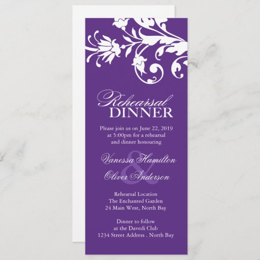Invitations au dîner de répétition en violet (Devant / Derrière)