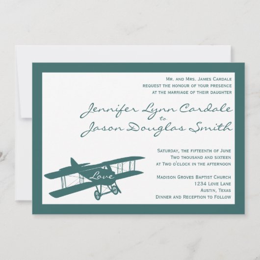 Invitations au mariage bleu de l'aviateur Biplane  (Devant)