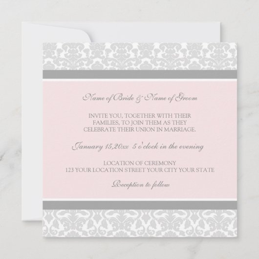 Invitations au mariage Damas blanc gris rose (Dos)