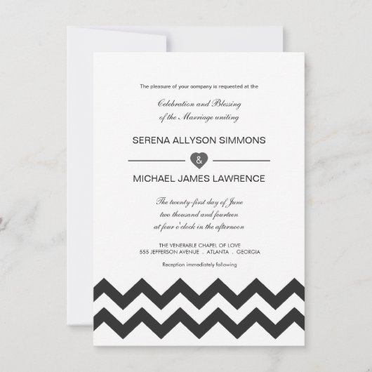 Invitations au mariage de Chevron moderne noir et (Devant)