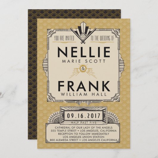 Invitations au mariage de Gatsby Black et Gold (Devant / Derrière)