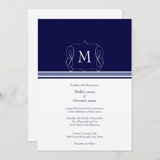 Invitations au mariage de Monogrammes bleus de la  (Devant / Derrière)