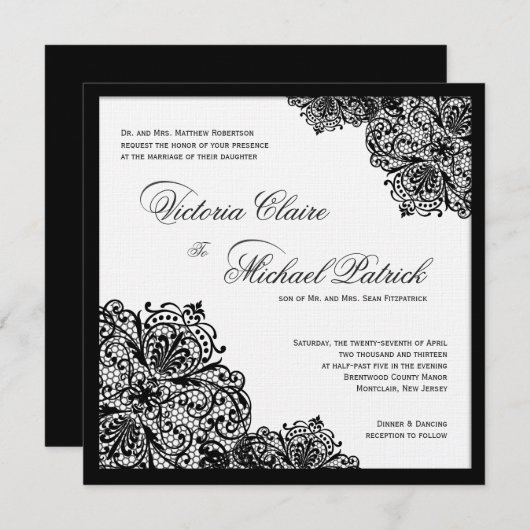 Invitations au mariage des Carrés en dentelle noir (Devant / Derrière)