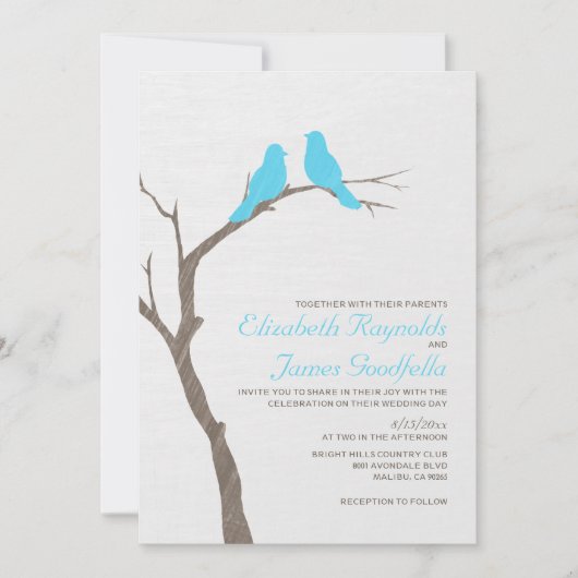 Invitations au mariage des oiseaux bleus modernes (Devant)