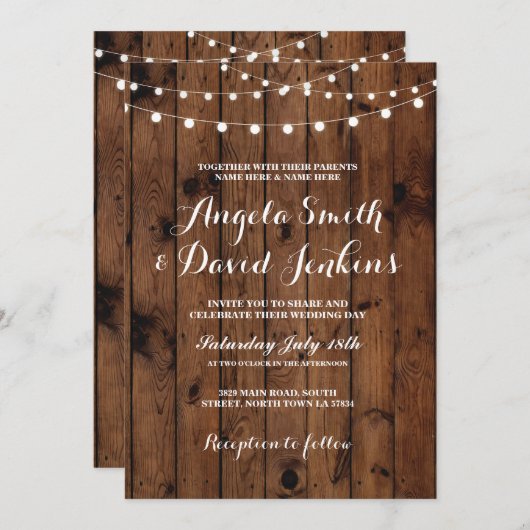 Invitations au mariage Lumières rustiques en bois  (Devant / Derrière)