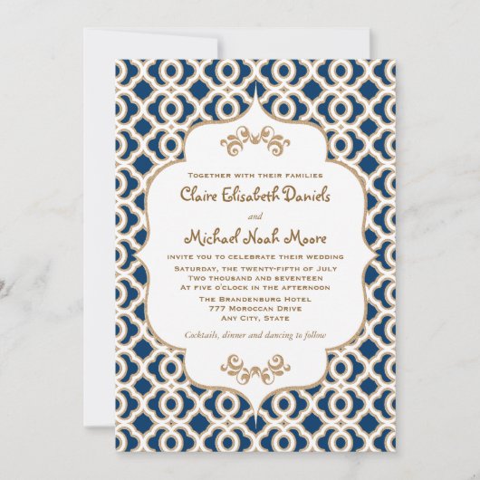 Invitations au mariage marocain bleu et or de la m (Devant)