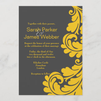 Invitations au mariage moderne gris et jaune damas