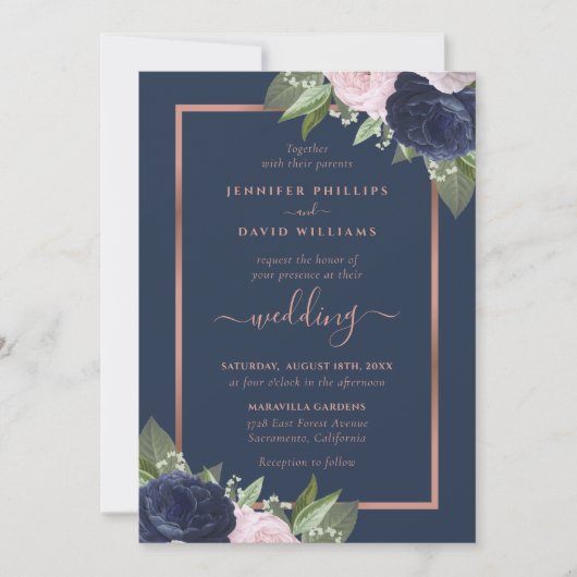 Invitations au mariage pour les noix d'or de Navy  (Devant)