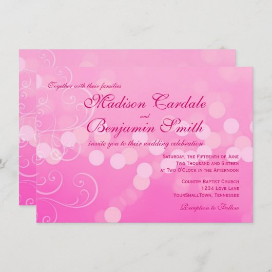 Invitations au mariage rose de Fuchsia Bokeh (Devant / Derrière)