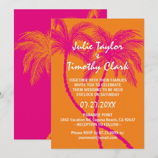 Invitations au mariage rose et orange (Devant / Derrière)