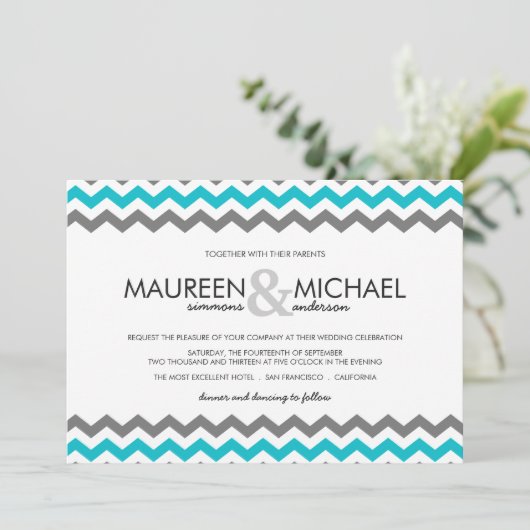 Invitations aux mariages Gray & Blue Chevron Zig Z (Debout devant)