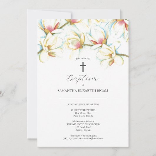 Invitations Baptême Aquarelle Magnolia Fleurs (Devant)