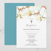 Invitations Baptême Aquarelle Magnolia Fleurs (Devant / Derrière)