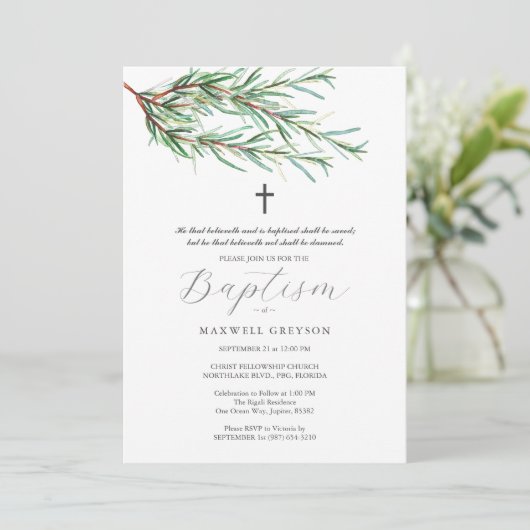 Invitations Baptême Pine Bows Botaniques (Debout devant)