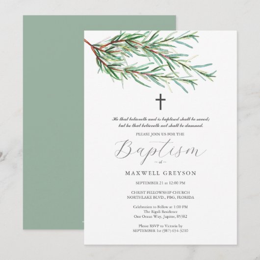 Invitations Baptême Pine Bows Botaniques (Devant / Derrière)