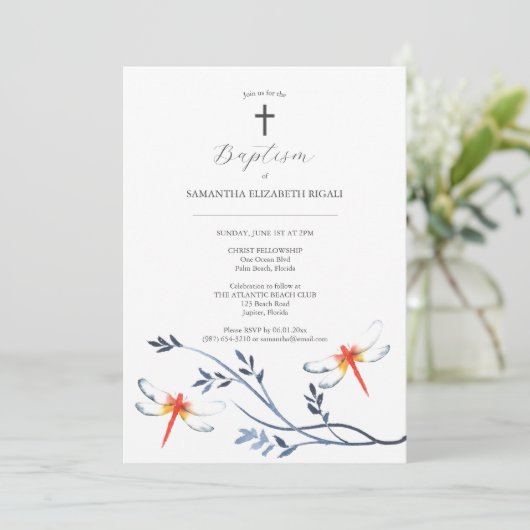 Invitations Baptême Unique Red Dragonfly (Debout devant)