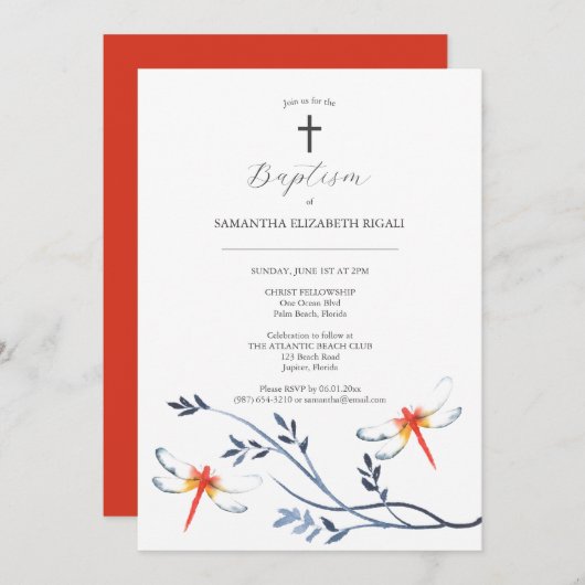 Invitations Baptême Unique Red Dragonfly (Devant / Derrière)
