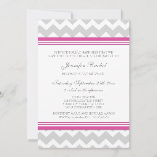 Invitations Bat mitzvah de Chevron gris rose (Dos)