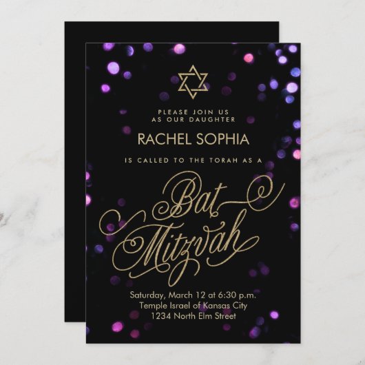 Invitations bat mitzvah | Élégant violet et or (Devant / Derrière)