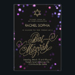 Invitations bat mitzvah | Élégant violet et or<br><div class="desc">Des lumières de confettis bokeh brillent dans rose, violet et bleu translucide en l'arrière - plan de cette invitation glamour Bat mitzvah, avec une fausse feuille d'or Star de David et marqueur de parties scintillant d'or écrivant "Bat mitzvah" dans un script sophistiqué avec beaucoup de fleurs. Veuillez noter qu'il ne...</div>