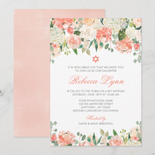 Invitations Bat mitzvah Pastel Watercolor Flowers (Devant / Derrière)