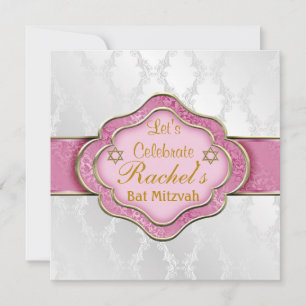INVITATIONS Bat mitzvah PINK WHITE ELEGANT Damask