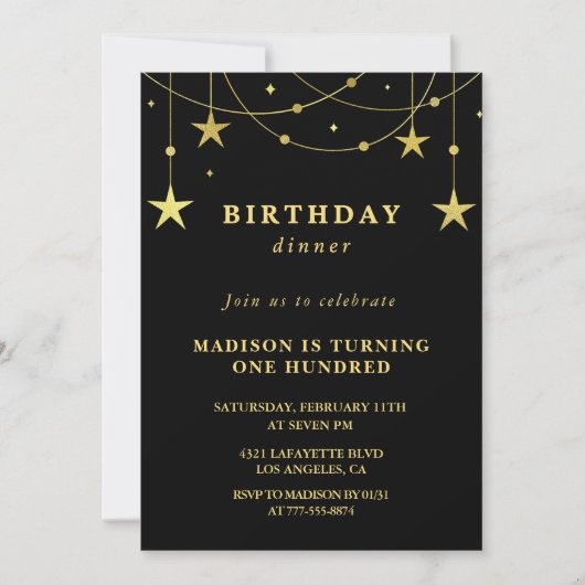 Invitations Black 100e anniversaire Gold Stars (Devant)